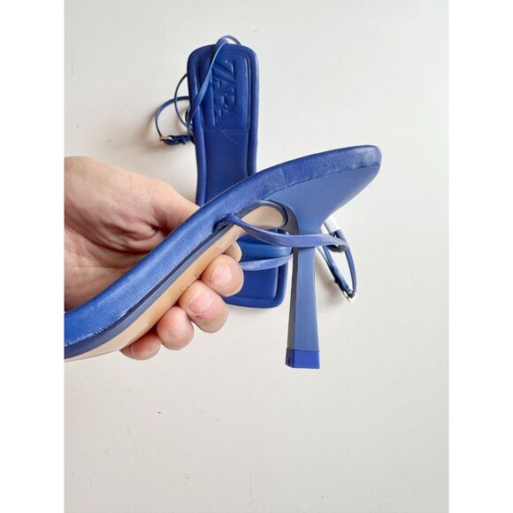 NWOT ZARA Blue Leather Square Toe Strappy High Heel Wraparound Sandals, Size 35 - Picture 9 of 15